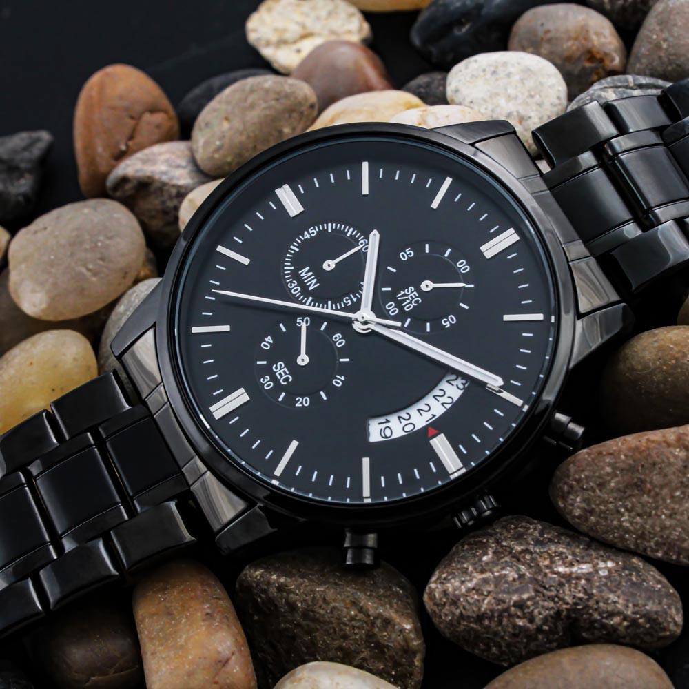 Black Chronograph Watch with Engraved Back